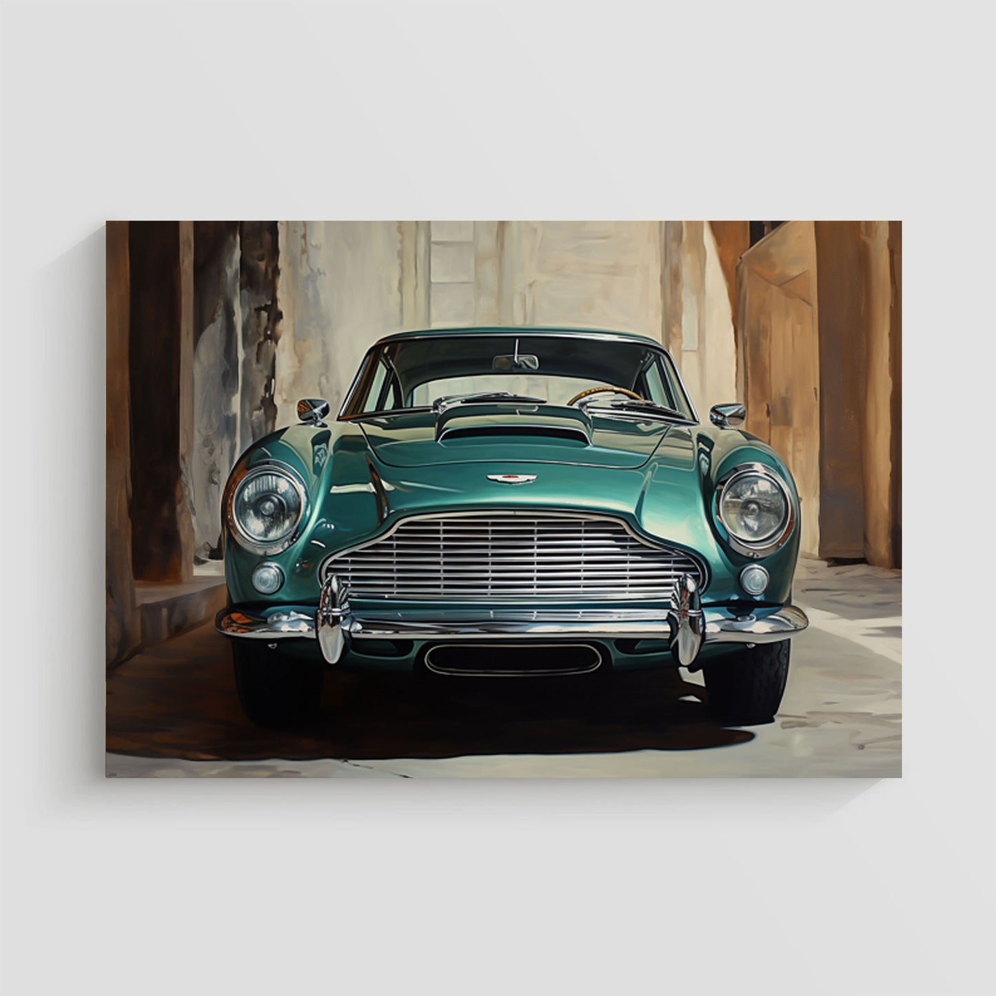 Ilustración de un automóvil clásico Aston Martin en color verde, destacando sus detalles elegantes y sofisticados