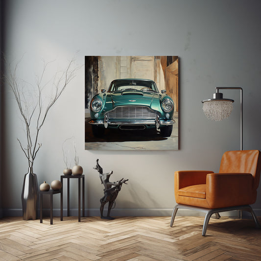 Ilustración de un automóvil clásico Aston Martin en color verde, destacando sus detalles elegantes y sofisticados