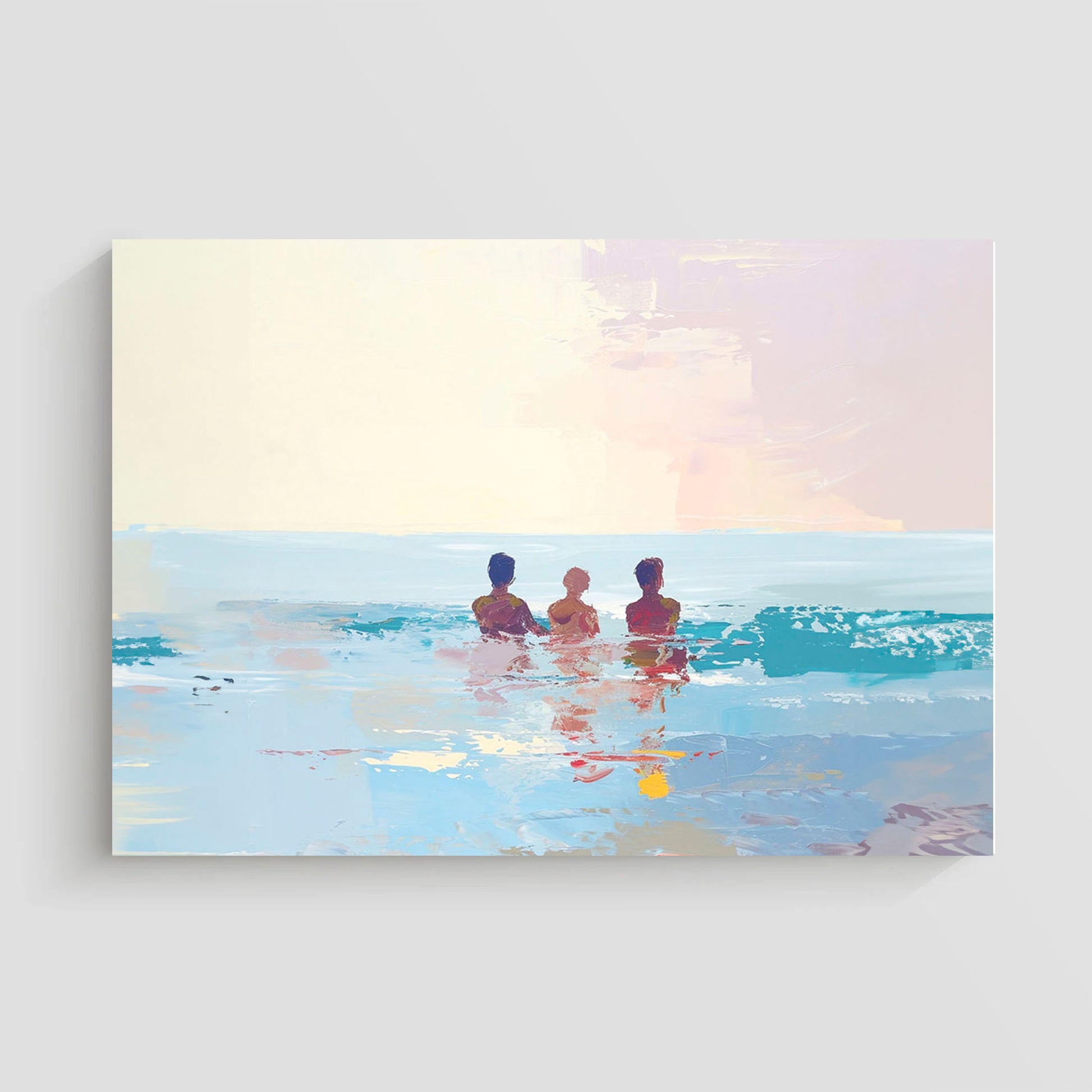 Pintura de tres personas relajándose en el mar bajo un cielo pastel.