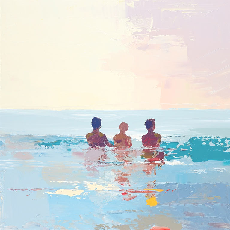 Pintura de tres personas relajándose en el mar bajo un cielo pastel.