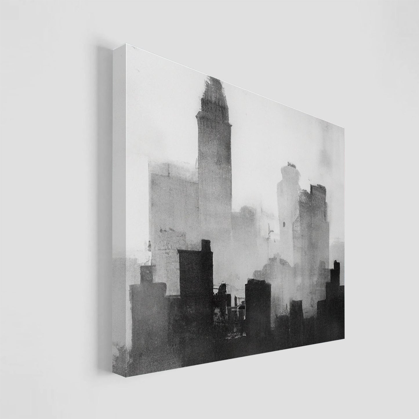 Ilustración en blanco y negro de una ciudad envuelta en niebla, con siluetas de rascacielos y edificios.