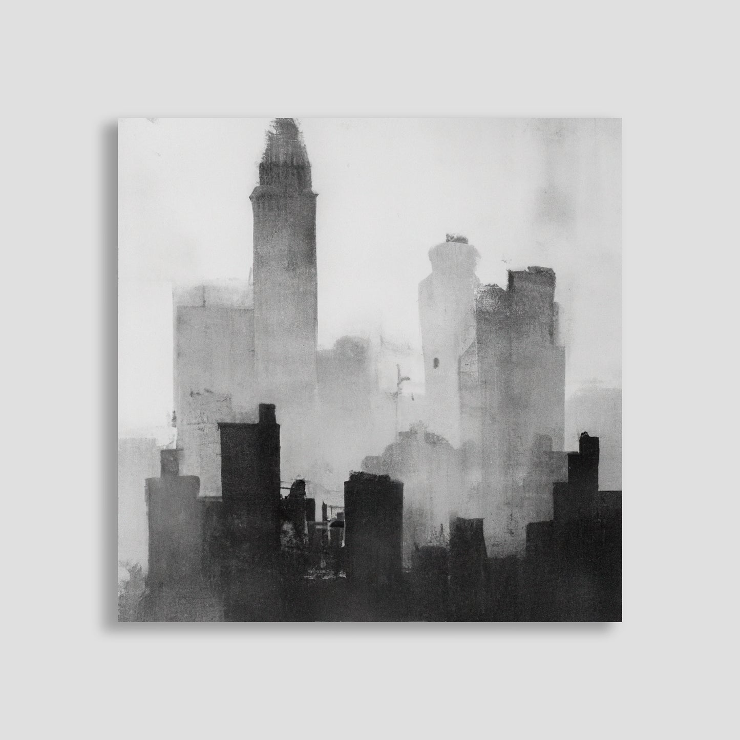 Ilustración en blanco y negro de una ciudad envuelta en niebla, con siluetas de rascacielos y edificios.