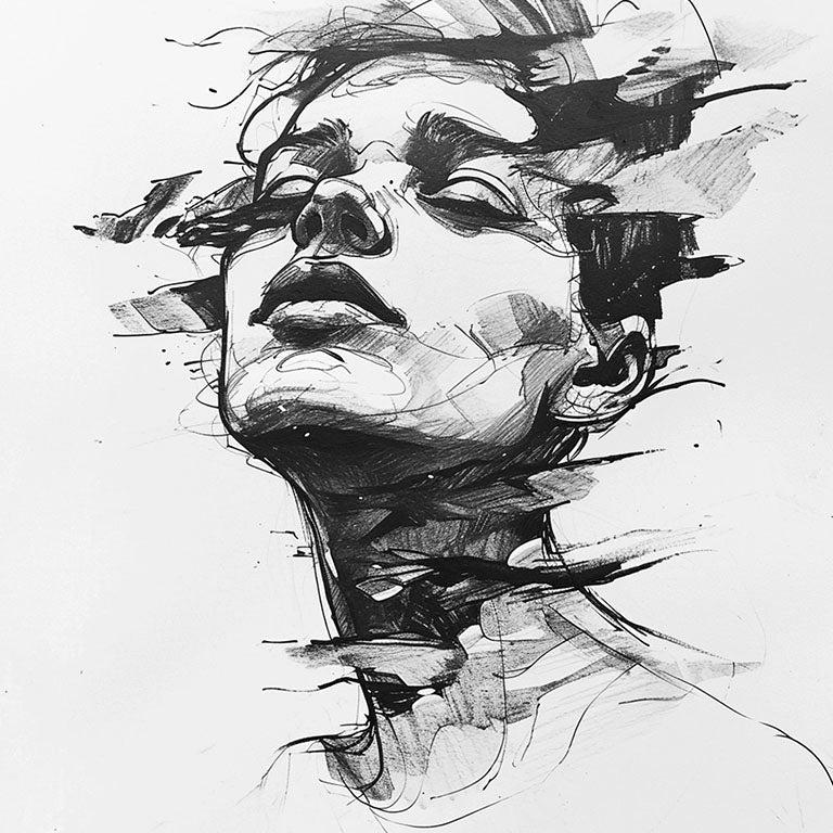 Ilustración en blanco y negro de un rostro humano rodeado por líneas dinámicas y abstractas, creando una sensación de movimiento.