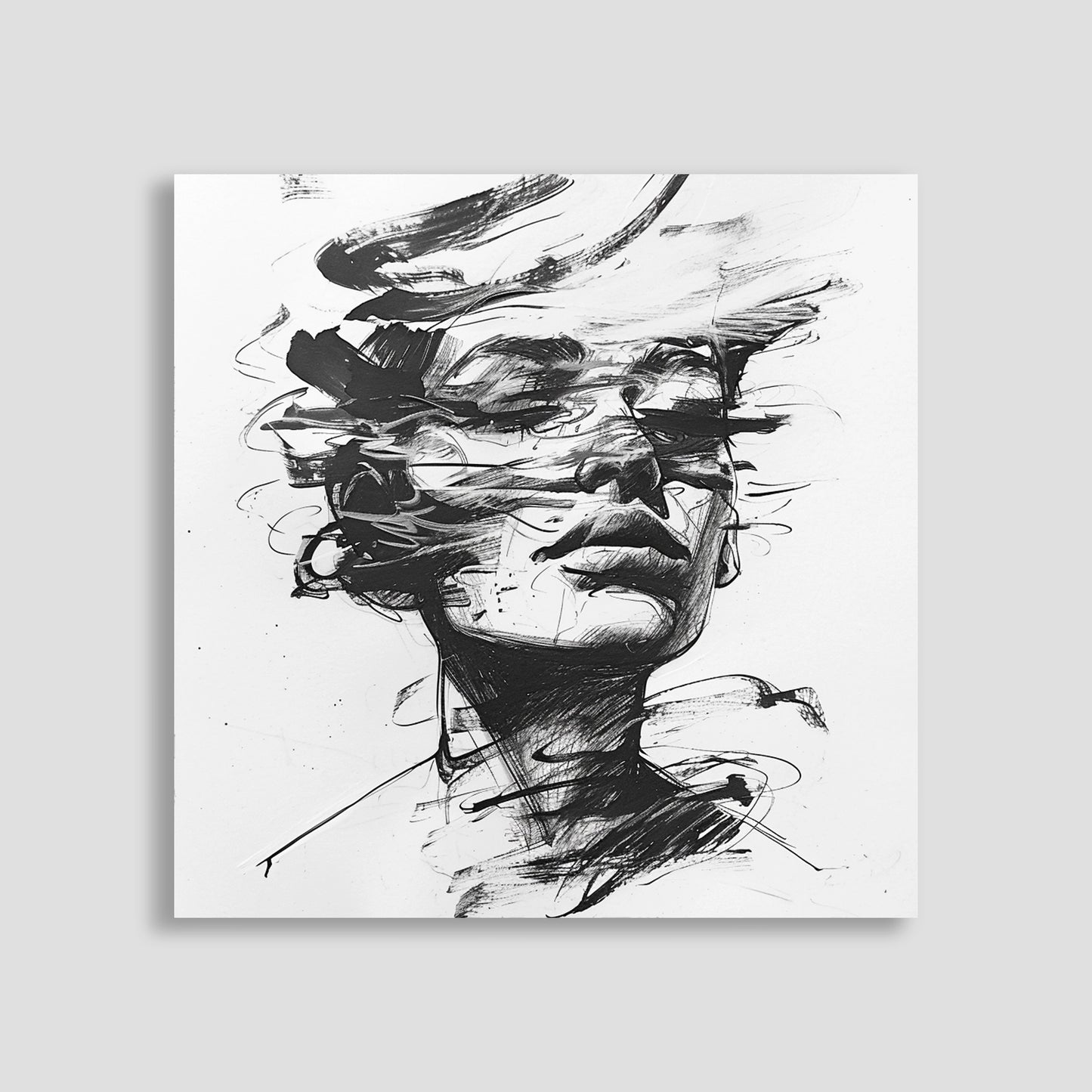 Ilustración en blanco y negro de un rostro humano rodeado por líneas dinámicas y abstractas, creando una sensación de movimiento.
