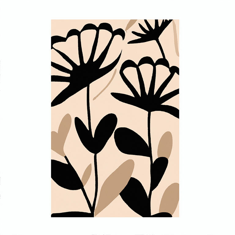 Serigrafía floral en tonos neutros con diseño de flores y hojas en negro sobre fondo beige.