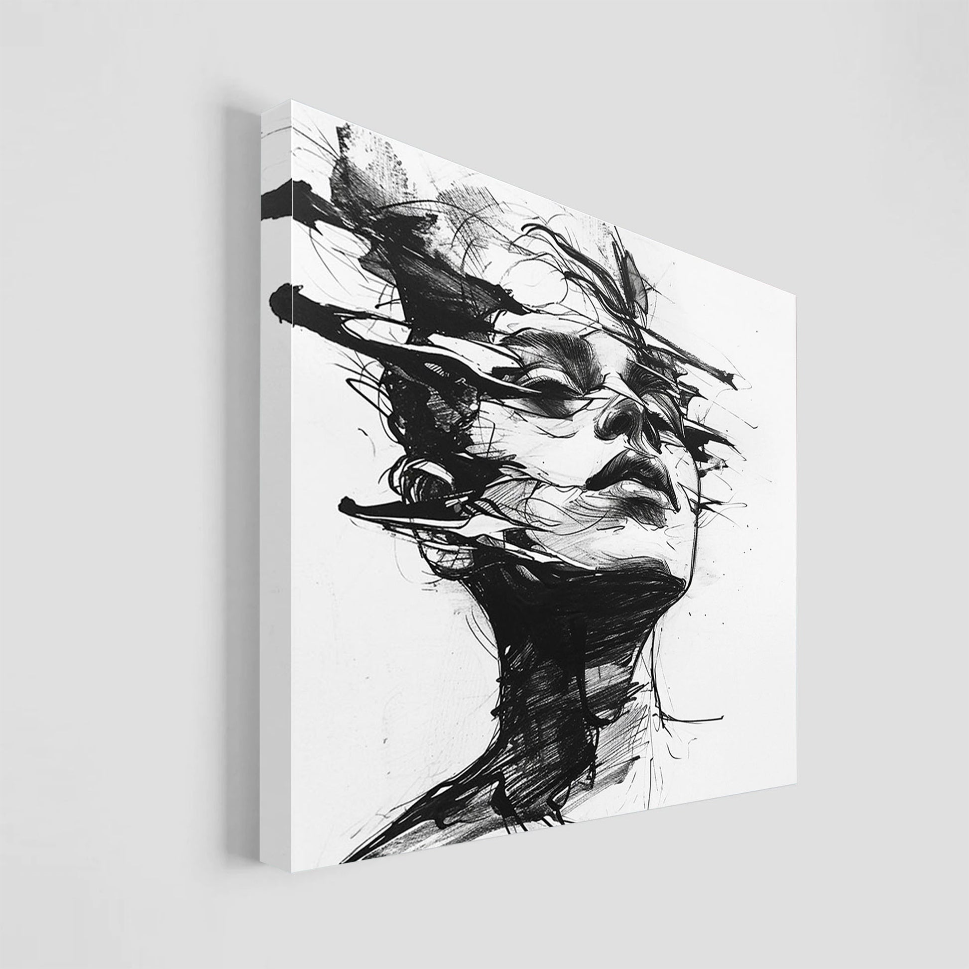 Ilustración en blanco y negro de un rostro humano rodeado por líneas dinámicas y abstractas, creando una sensación de movimiento