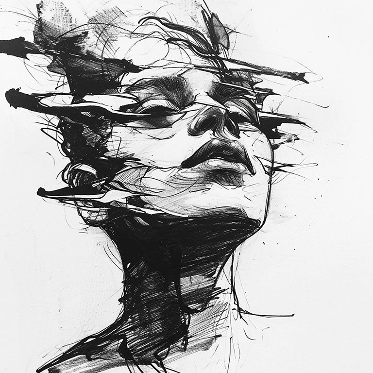 Ilustración en blanco y negro de un rostro humano rodeado por líneas dinámicas y abstractas, creando una sensación de movimiento