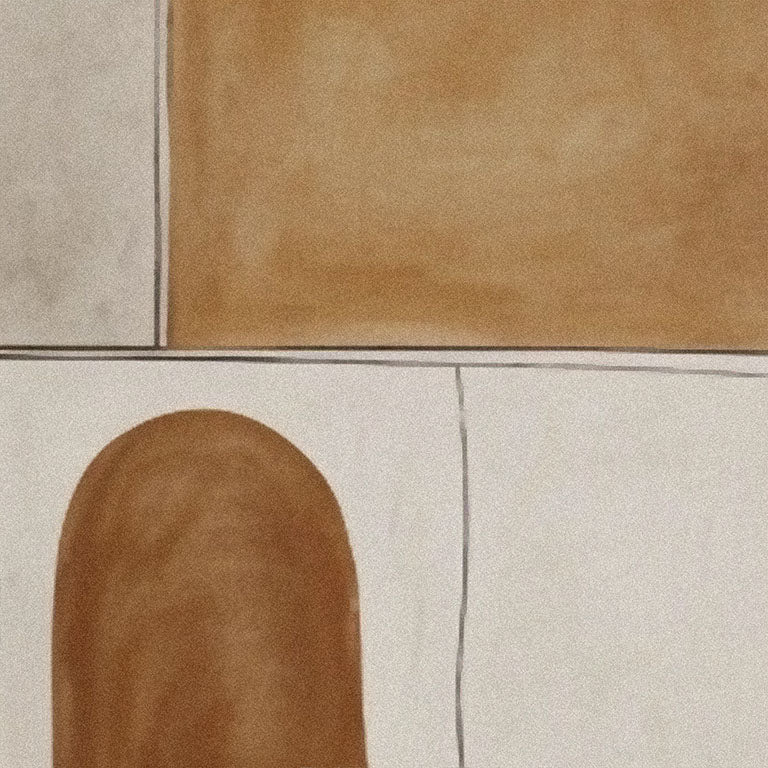 Obra de arte abstracto con una forma arqueada en color marrón sobre un fondo beige claro.