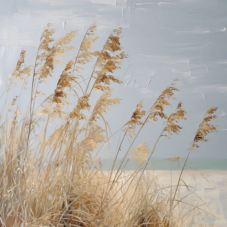 Cuadro decorativo moPintura de una playa con hierba seca meciéndose al viento y un paisaje costero en tonos suaves.derno para el hogar y la oficina
