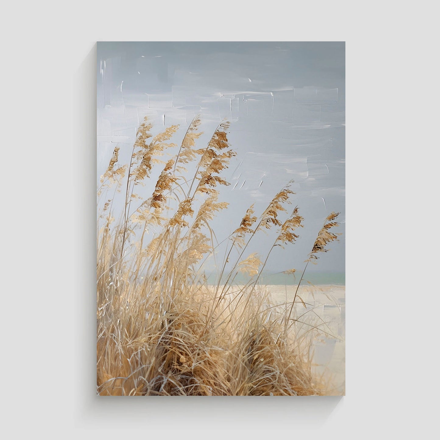Pintura de una playa con hierba seca meciéndose al viento y un paisaje costero en tonos suaves.
