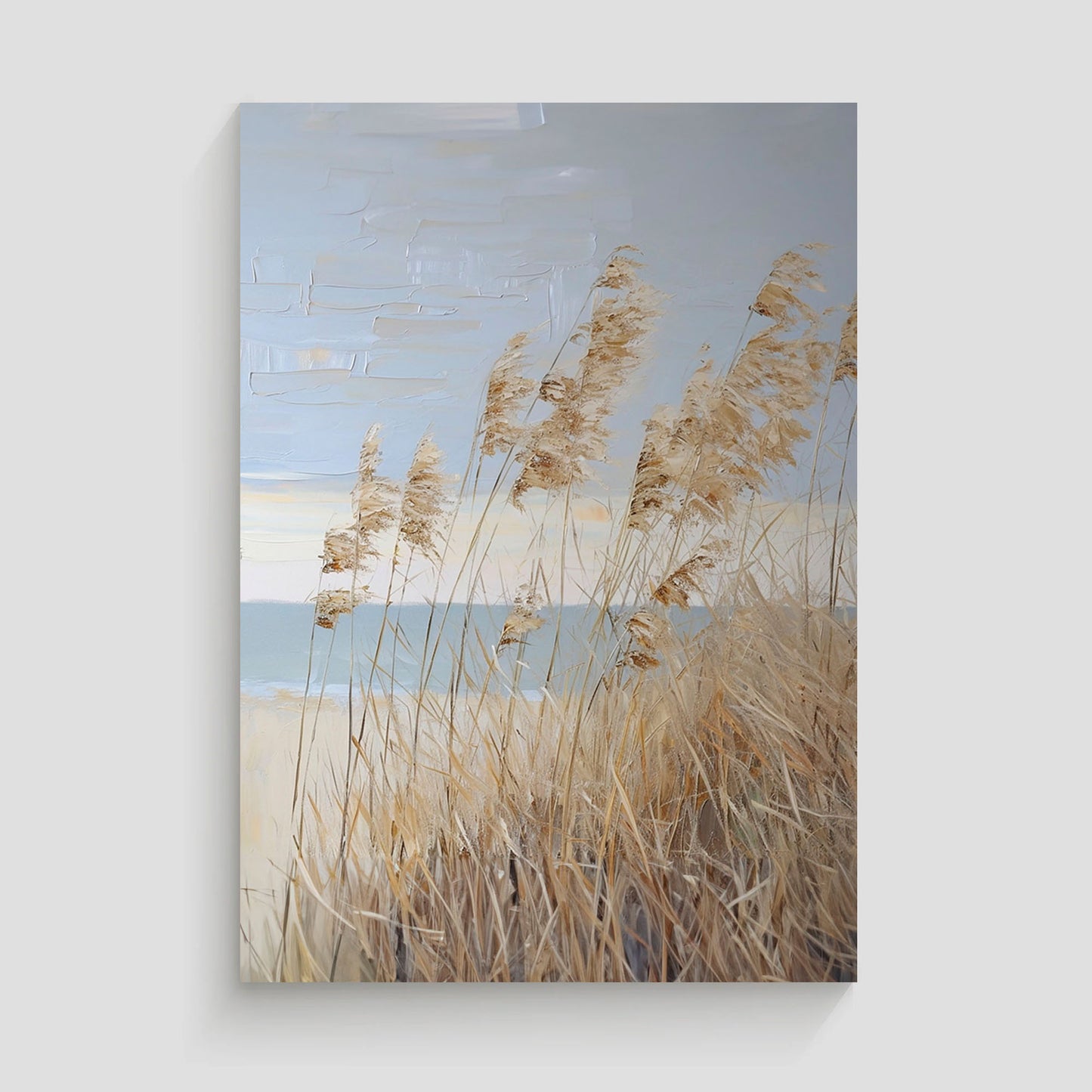 Pintura de una playa con hierba seca meciéndose al viento y un paisaje costero en tonos suaves.