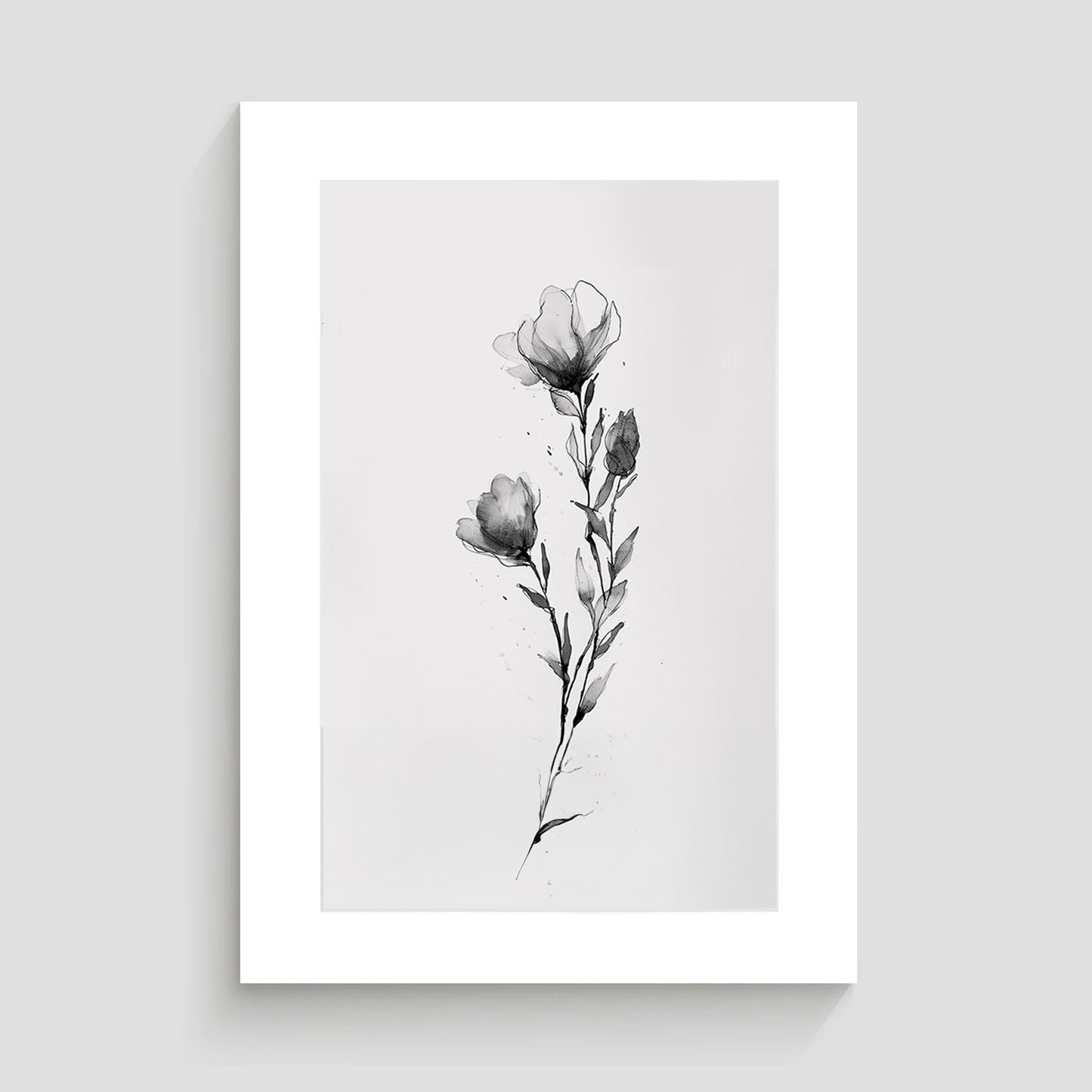 Dibujo minimalista en blanco y negro de una flor solitaria con pétalos delicados. La obra destaca por su simplicidad y elegancia, ideal para decoración moderna de interiores que buscan un toque sutil y sofisticado.