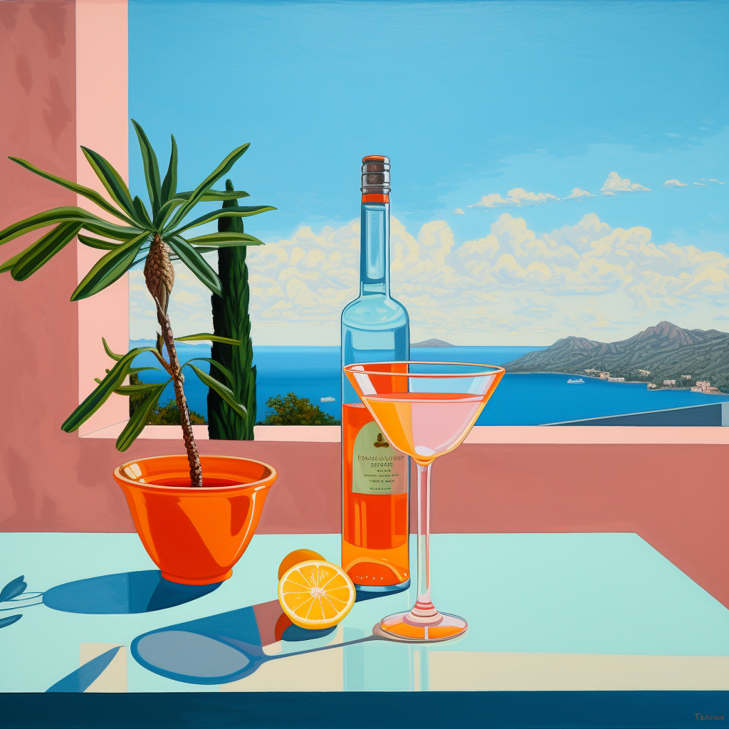 Ilustración de una escena veraniega con un cóctel en una copa martini, una botella de licor, una rodaja de limón y una planta en maceta, con vista al mar y las montañas.