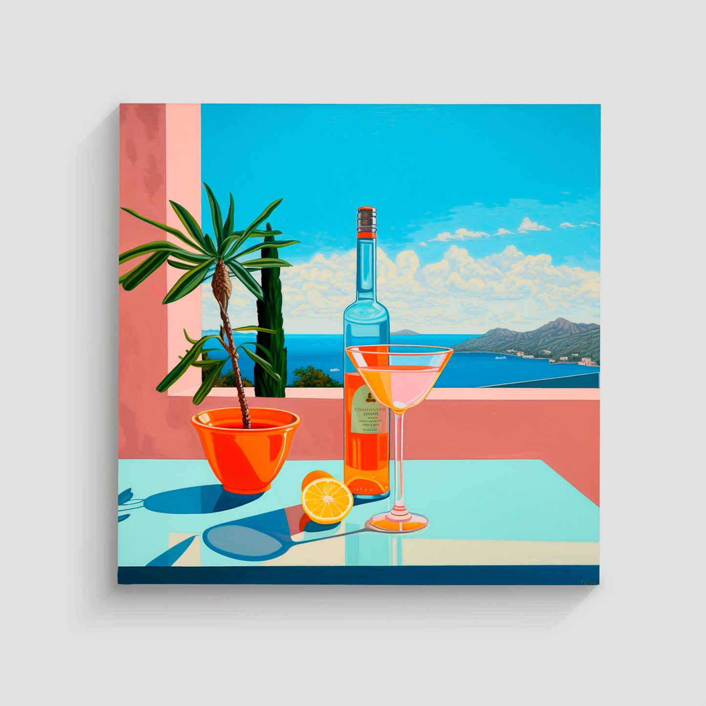Ilustración de una escena veraniega con un cóctel en una copa martini, una botella de licor, una rodaja de limón y una planta en maceta, con vista al mar y las montañas.