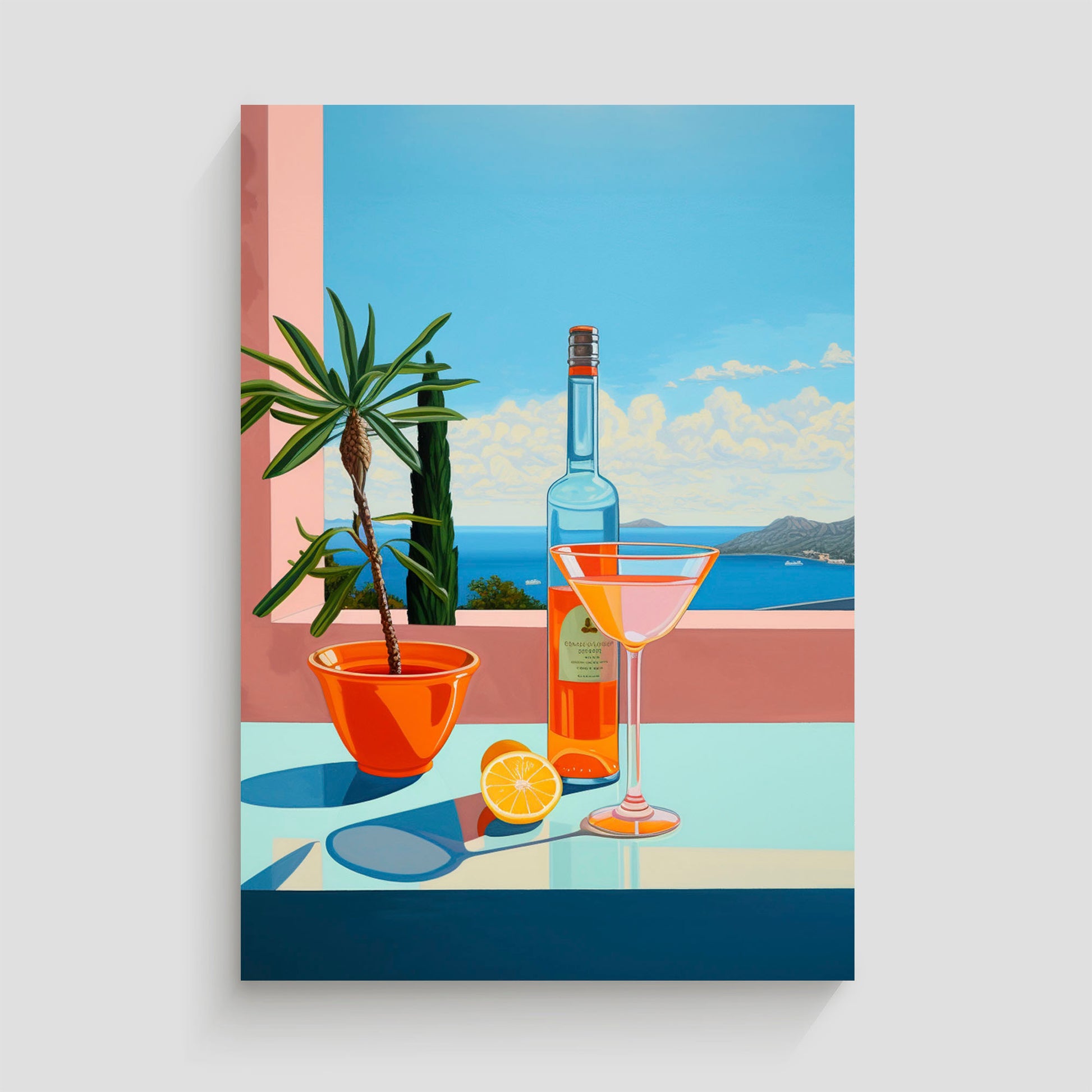 Ilustración de una escena veraniega con un cóctel en una copa martini, una botella de licor, una rodaja de limón y una planta en maceta, con vista al mar y las montañas.