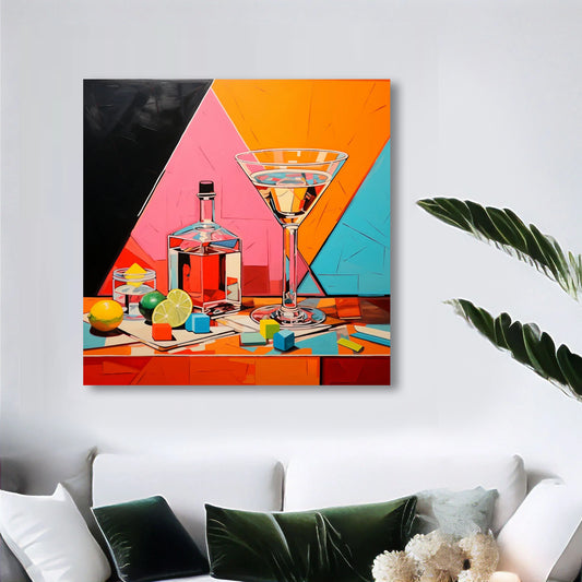 Ilustración vibrante de una escena de cócteles con una copa martini, una botella de licor y rodajas de lima, sobre una mesa con fondo geométrico colorido.