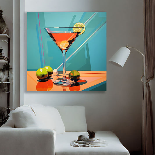 Ilustración vibrante de un cóctel en una copa martini con una rodaja de limón y aceitunas, sobre una mesa con fondo colorido en tonos de azul y verde.