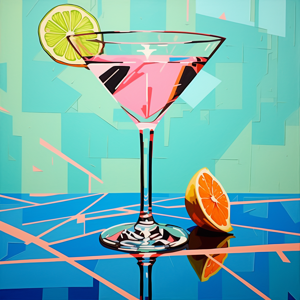 Ilustración vibrante de un cóctel en una copa martini con una rodaja de lima y una rodaja de naranja, sobre un fondo colorido.