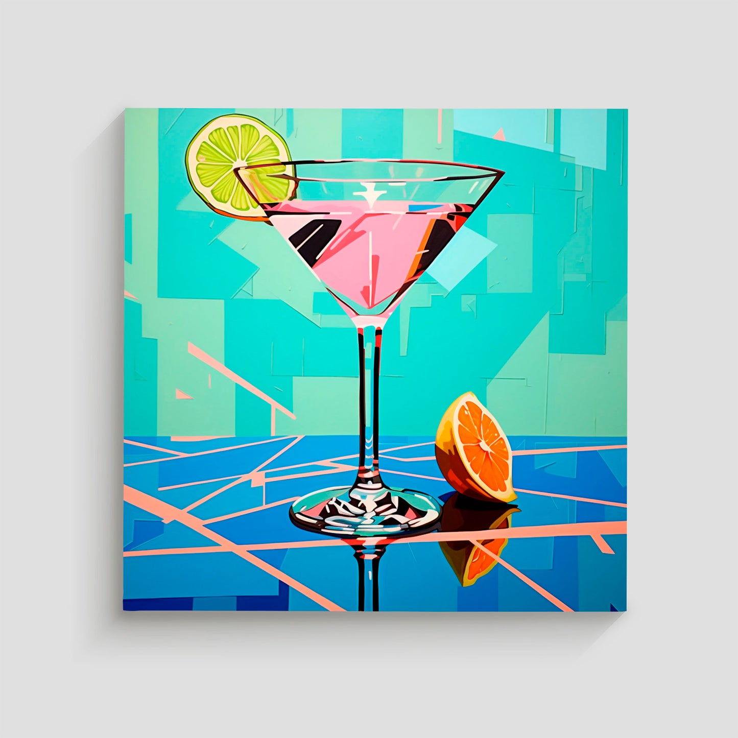 Ilustración vibrante de un cóctel en una copa martini con una rodaja de lima y una rodaja de naranja, sobre un fondo colorido.