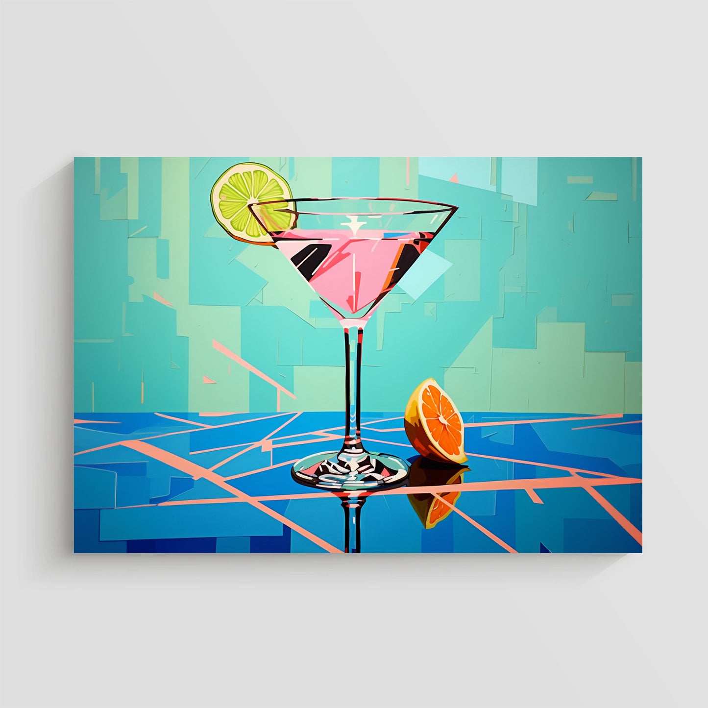 Ilustración vibrante de un cóctel en una copa martini con una rodaja de lima y una rodaja de naranja, sobre un fondo colorido.