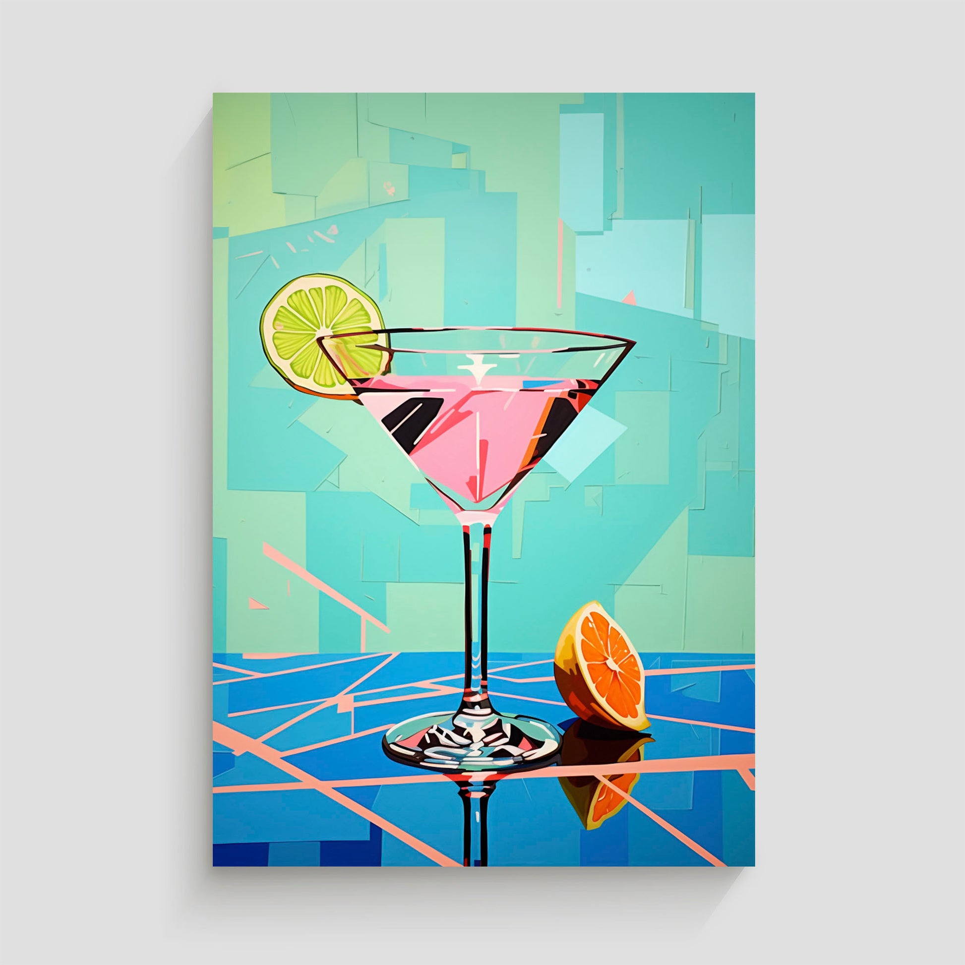 Ilustración vibrante de un cóctel en una copa martini con una rodaja de lima y una rodaja de naranja, sobre un fondo colorido.