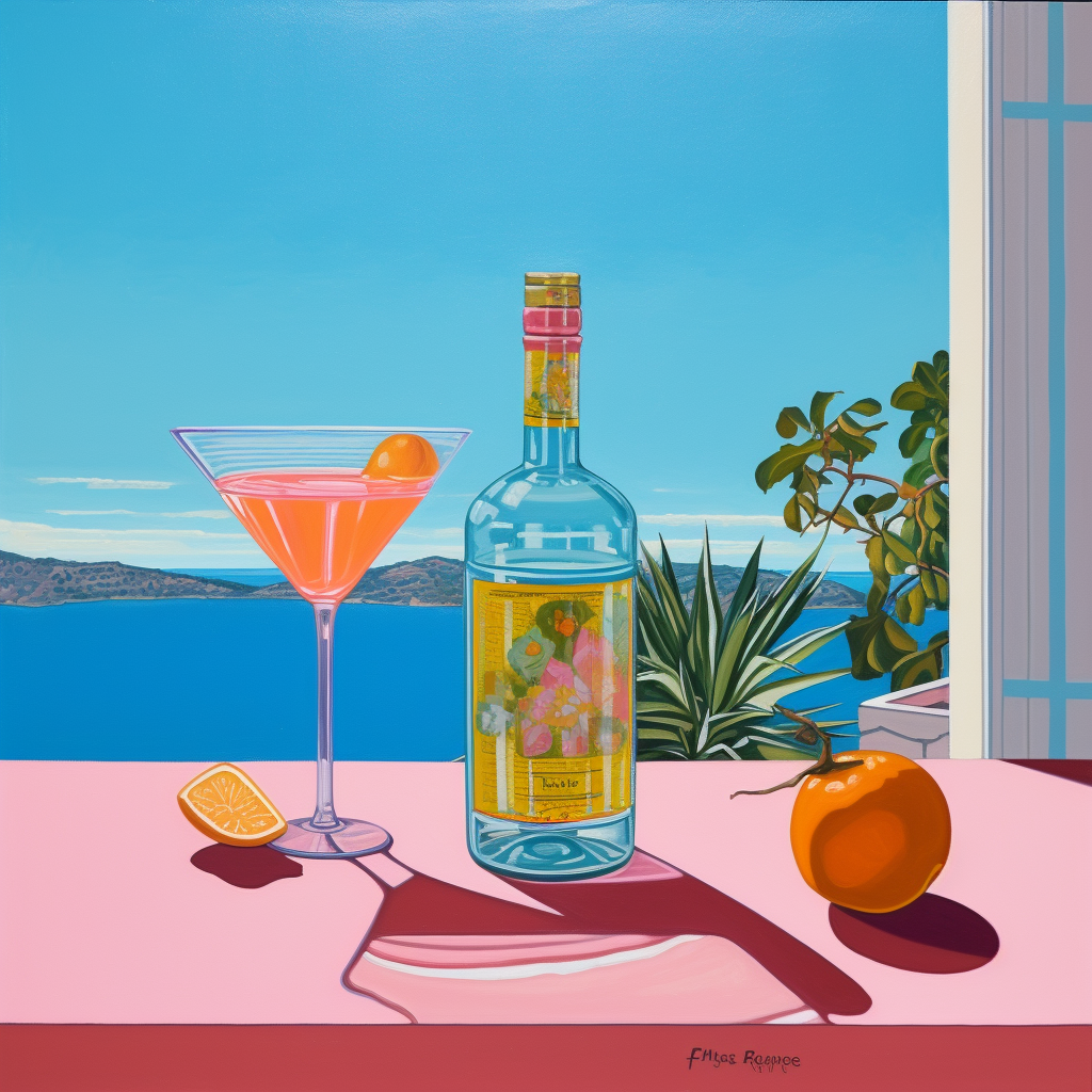 Ilustración de un cóctel en una copa martini, una botella de licor y una naranja sobre una mesa con vista al mar.