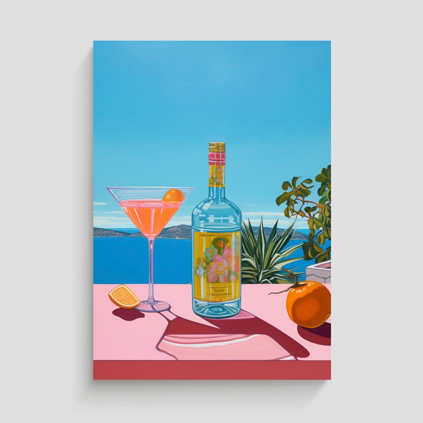 Ilustración de un cóctel en una copa martini, una botella de licor y una naranja sobre una mesa con vista al mar.