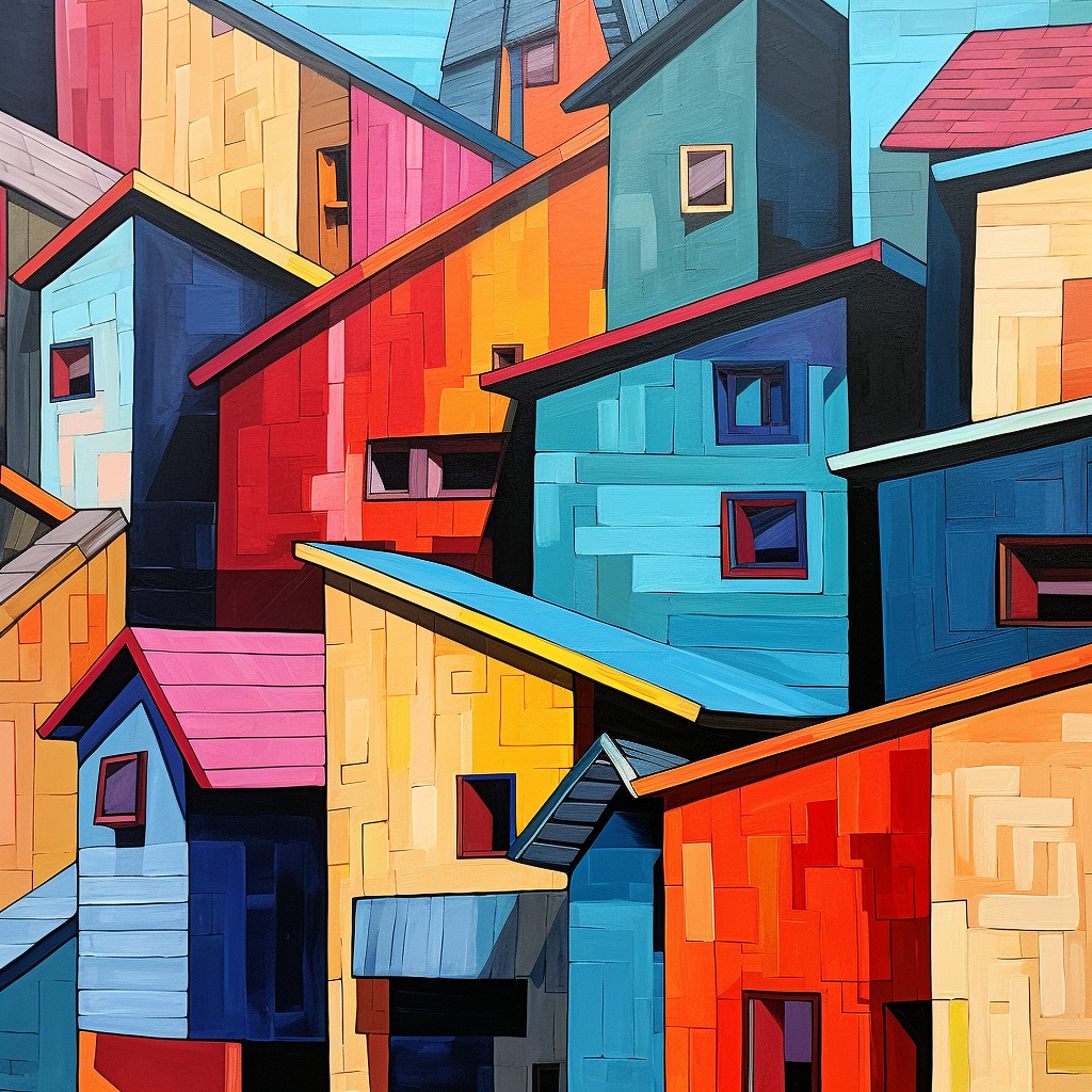Imagen de fachadas de edificios urbanos pintadas en colores vibrantes y dispuestas de manera abstracta. La composición presenta una variedad de tonos brillantes y formas geométricas, creando una escena artística y dinámica.