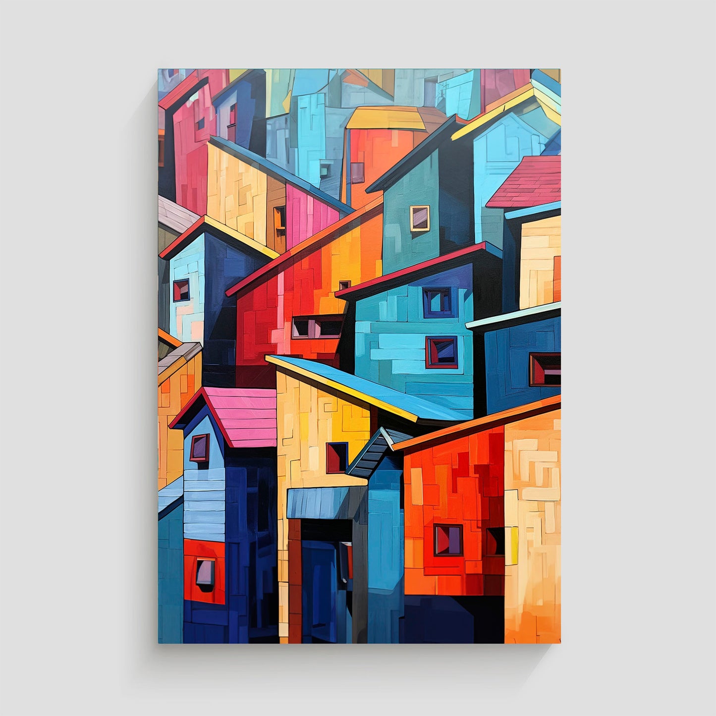 Imagen de fachadas de edificios urbanos pintadas en colores vibrantes y dispuestas de manera abstracta. La composición presenta una variedad de tonos brillantes y formas geométricas, creando una escena artística y dinámica.