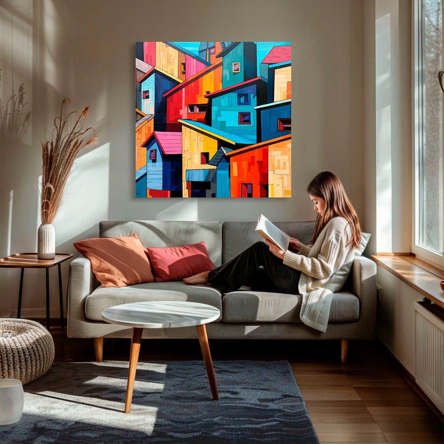 Imagen de fachadas de edificios urbanos pintadas en colores vibrantes y dispuestas de manera abstracta. La composición presenta una variedad de tonos brillantes y formas geométricas, creando una escena artística y dinámica.