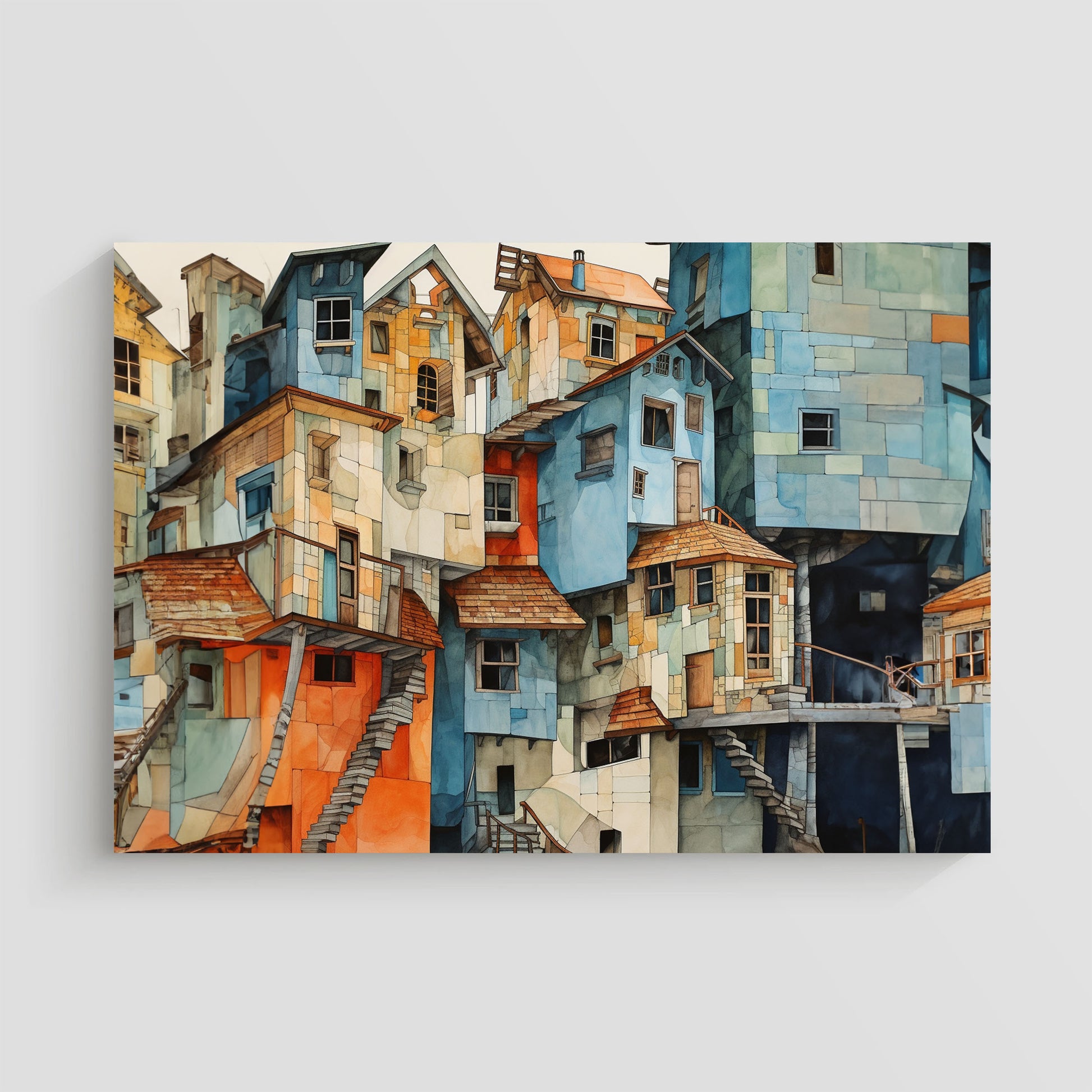 Imagen de una serie de edificios pintorescos con fachadas coloridas y arquitectura única, mostrando detalles intrincados de escaleras y tejados en una disposición artística y compleja.