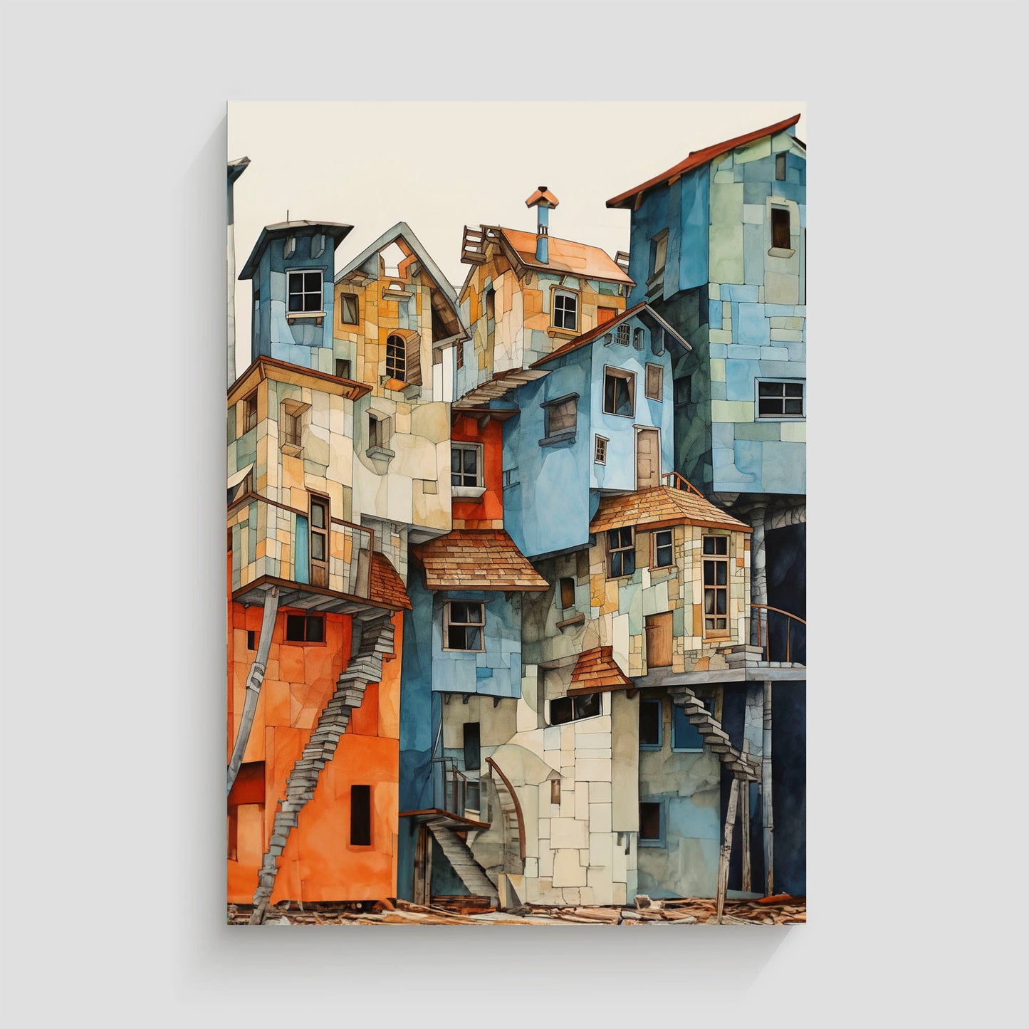 Imagen de una serie de edificios pintorescos con fachadas coloridas y arquitectura única, mostrando detalles intrincados de escaleras y tejados en una disposición artística y compleja.