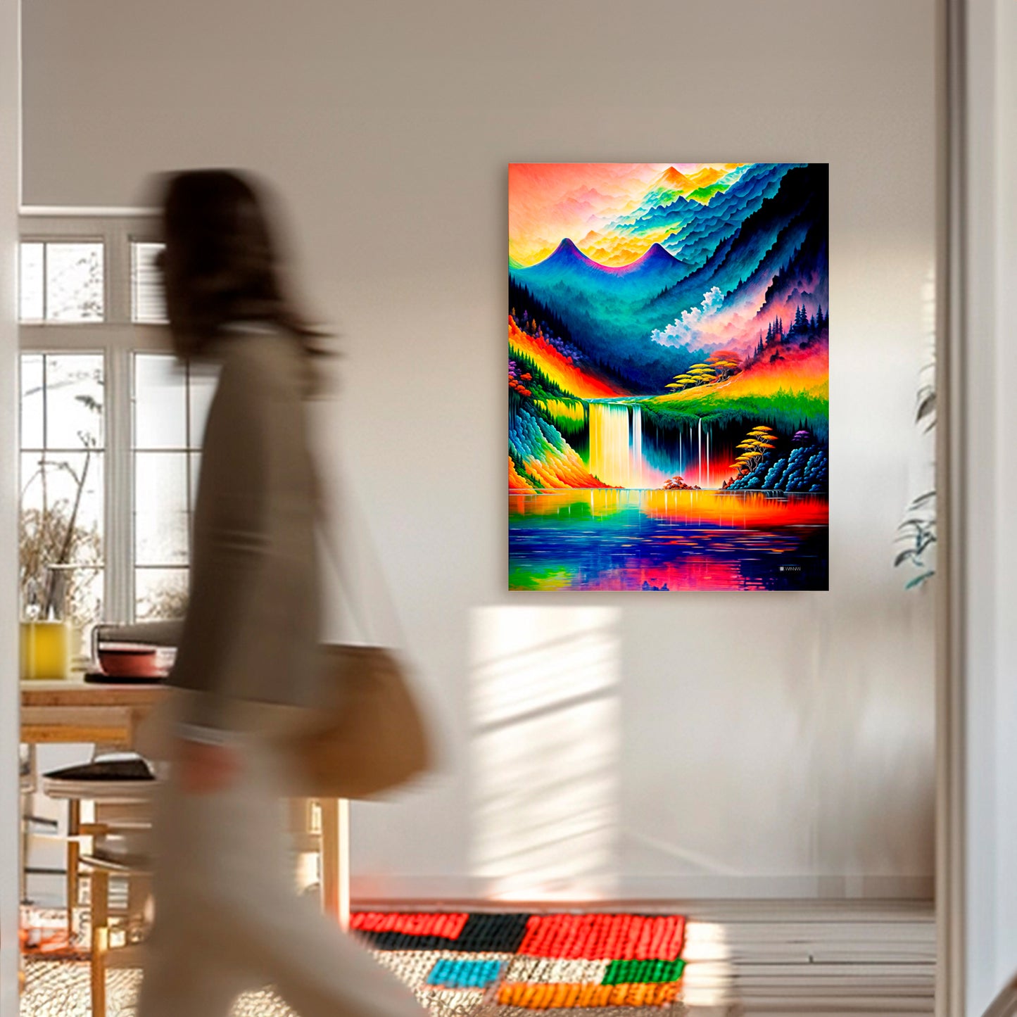 Paisaje abstracto con un río de colores vibrantes que fluyen en armonía, creando una sensación de movimiento y energía.