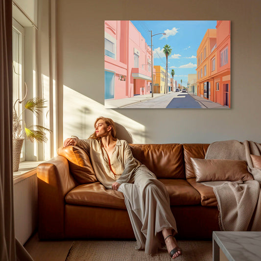 Ilustración de una calle soleada con edificios de tonos pastel y palmeras bajo un cielo azul despejado.