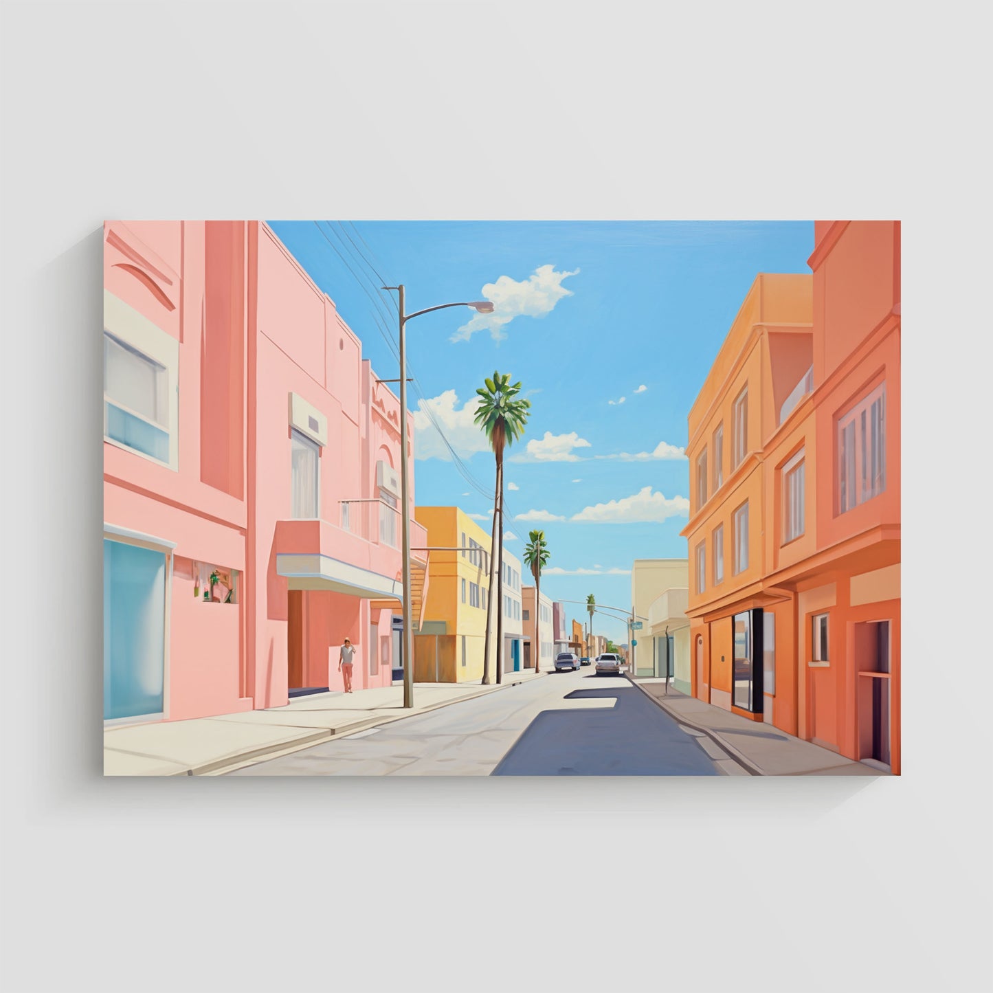 Ilustración de una calle soleada con edificios de tonos pastel y palmeras bajo un cielo azul despejado.