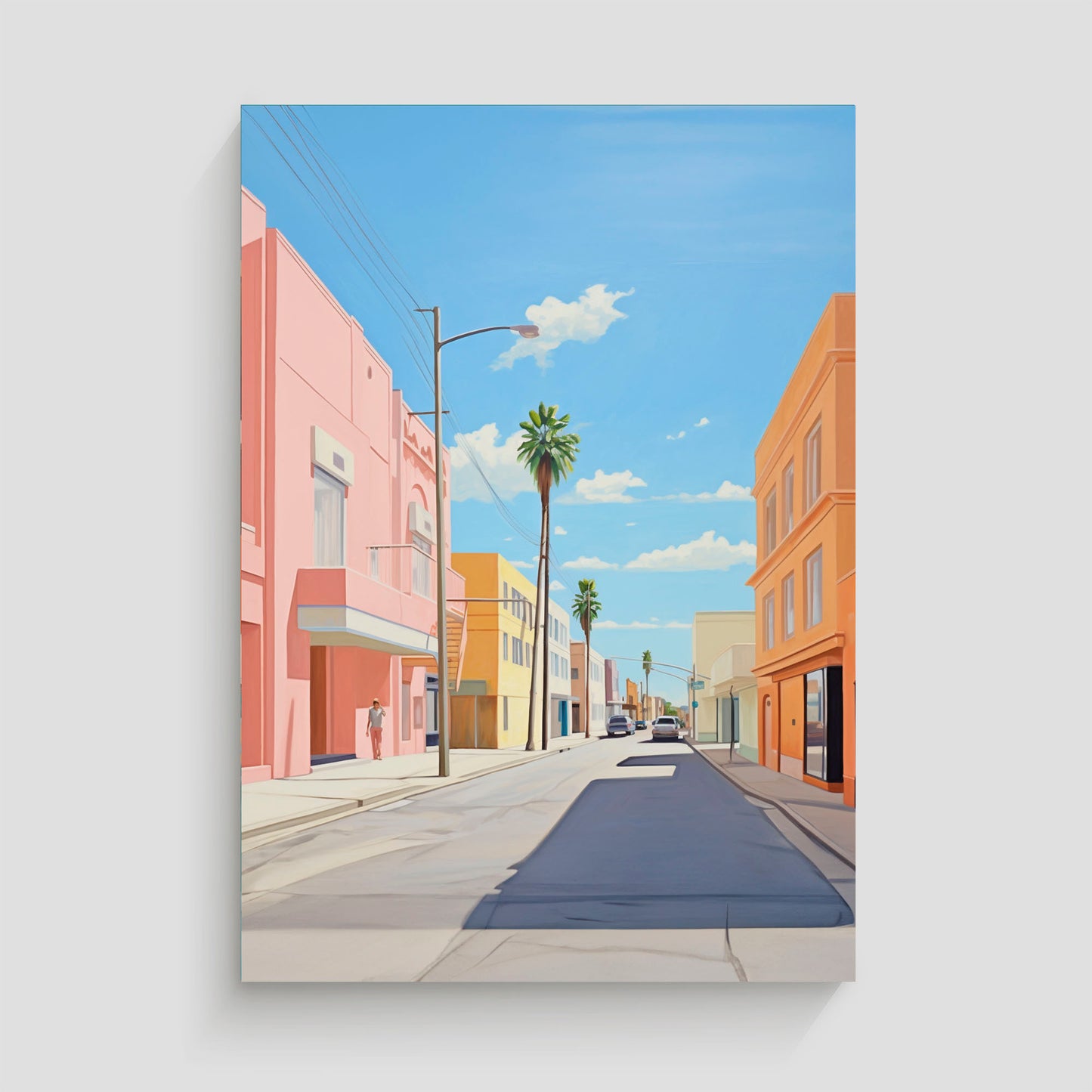 Ilustración de una calle soleada con edificios de tonos pastel y palmeras bajo un cielo azul despejado.