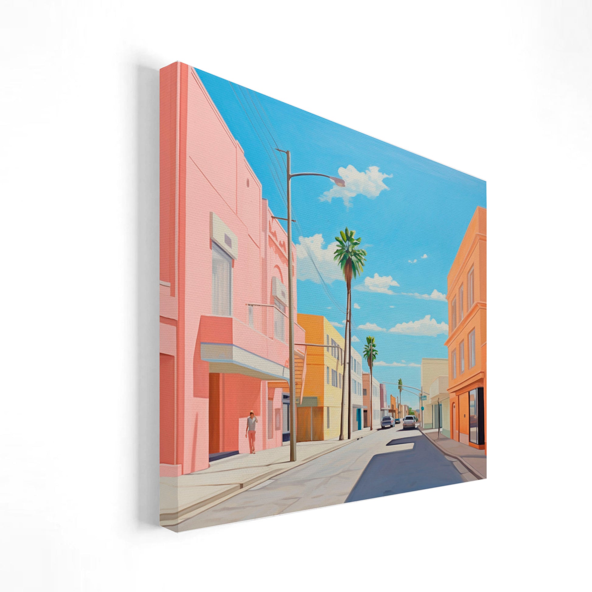 Ilustración de una calle soleada con edificios de tonos pastel y palmeras bajo un cielo azul despejado.