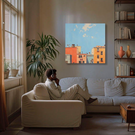 Imagen de edificios coloridos bajo un cielo azul con algunas nubes dispersas, mostrando detalles de ventanas y techos en una escena urbana.