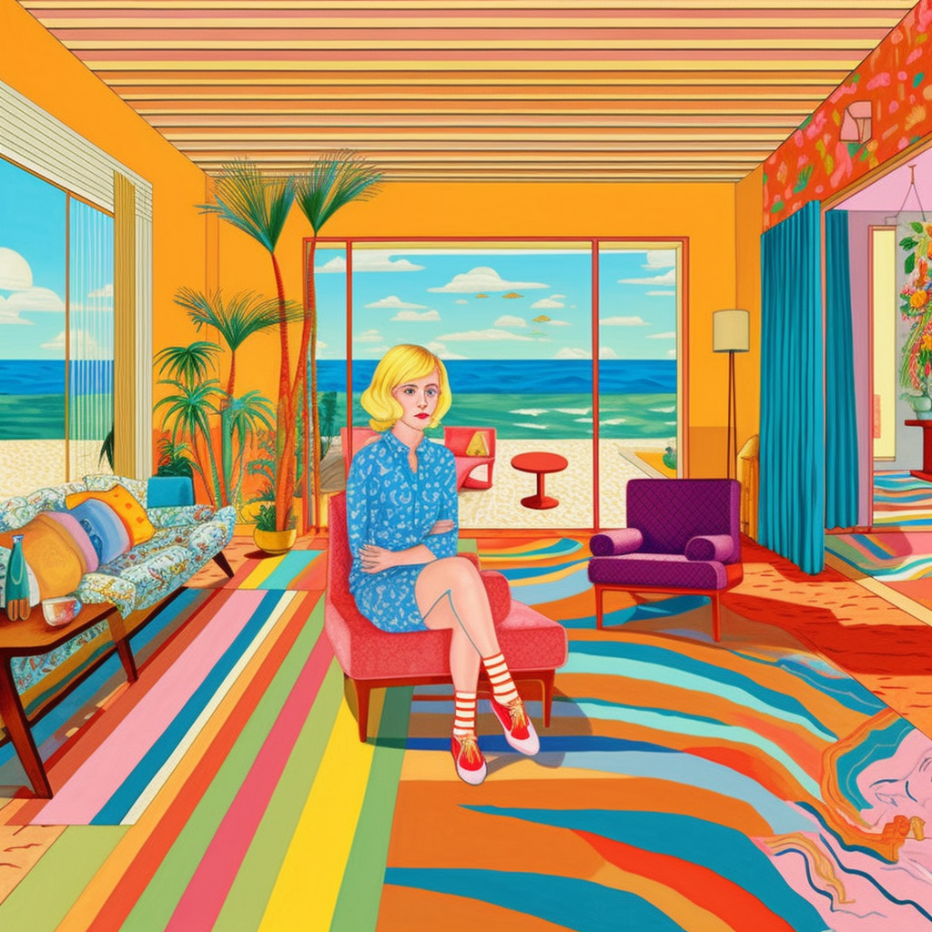 Imagen de una sala de estar vibrante y colorida con vista a la playa, donde una mujer rubia está sentada en una silla rosa. La habitación presenta una decoración llamativa con muebles coloridos, plantas y una alfombra multicolor.