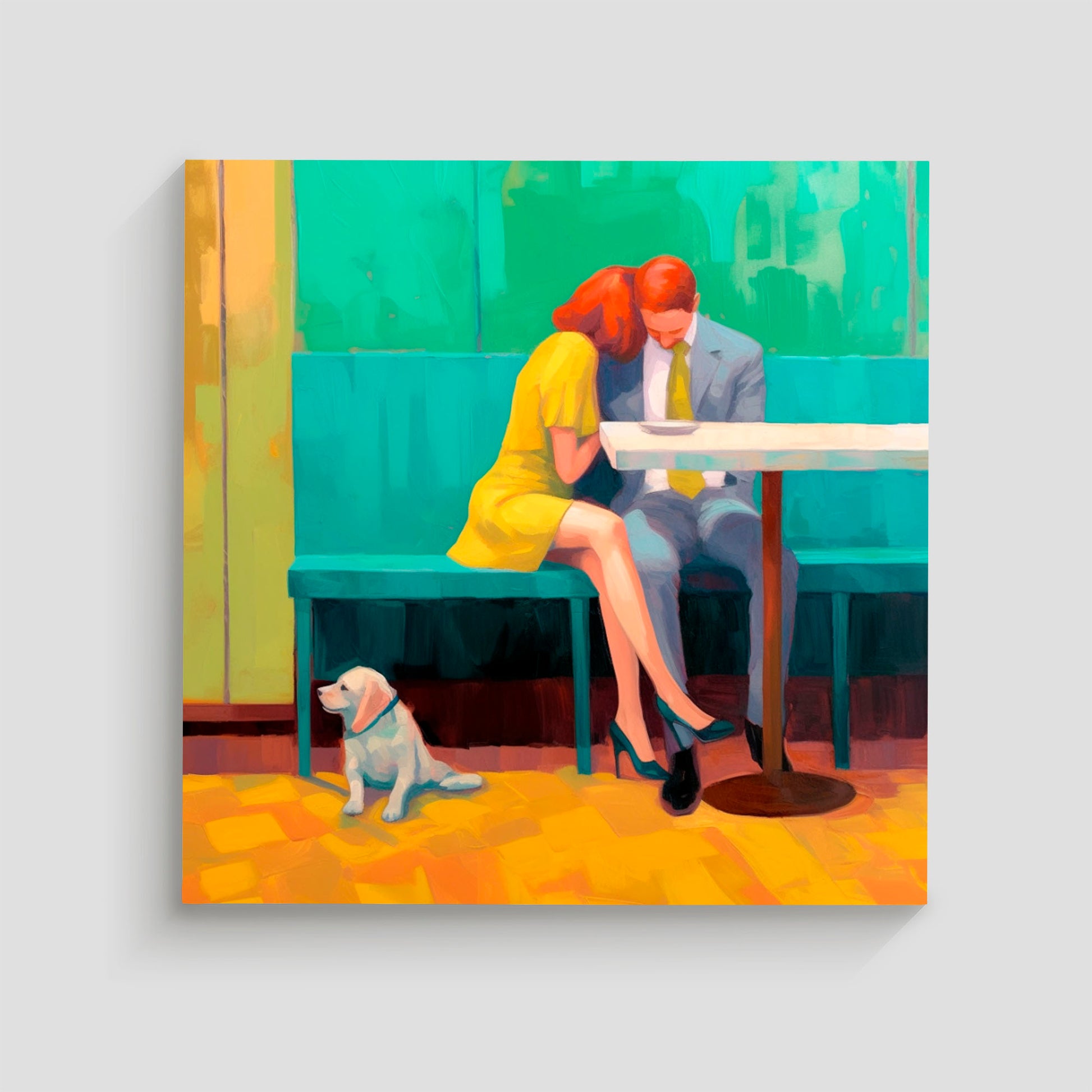 Ilustración de una pareja sentada en un café, con una mujer de vestido amarillo y un hombre en traje gris, acompañados por un perro blanco que se sienta en el suelo junto a ellos. La obra utiliza colores vibrantes y un estilo expresionista para capturar una escena íntima y cálida.