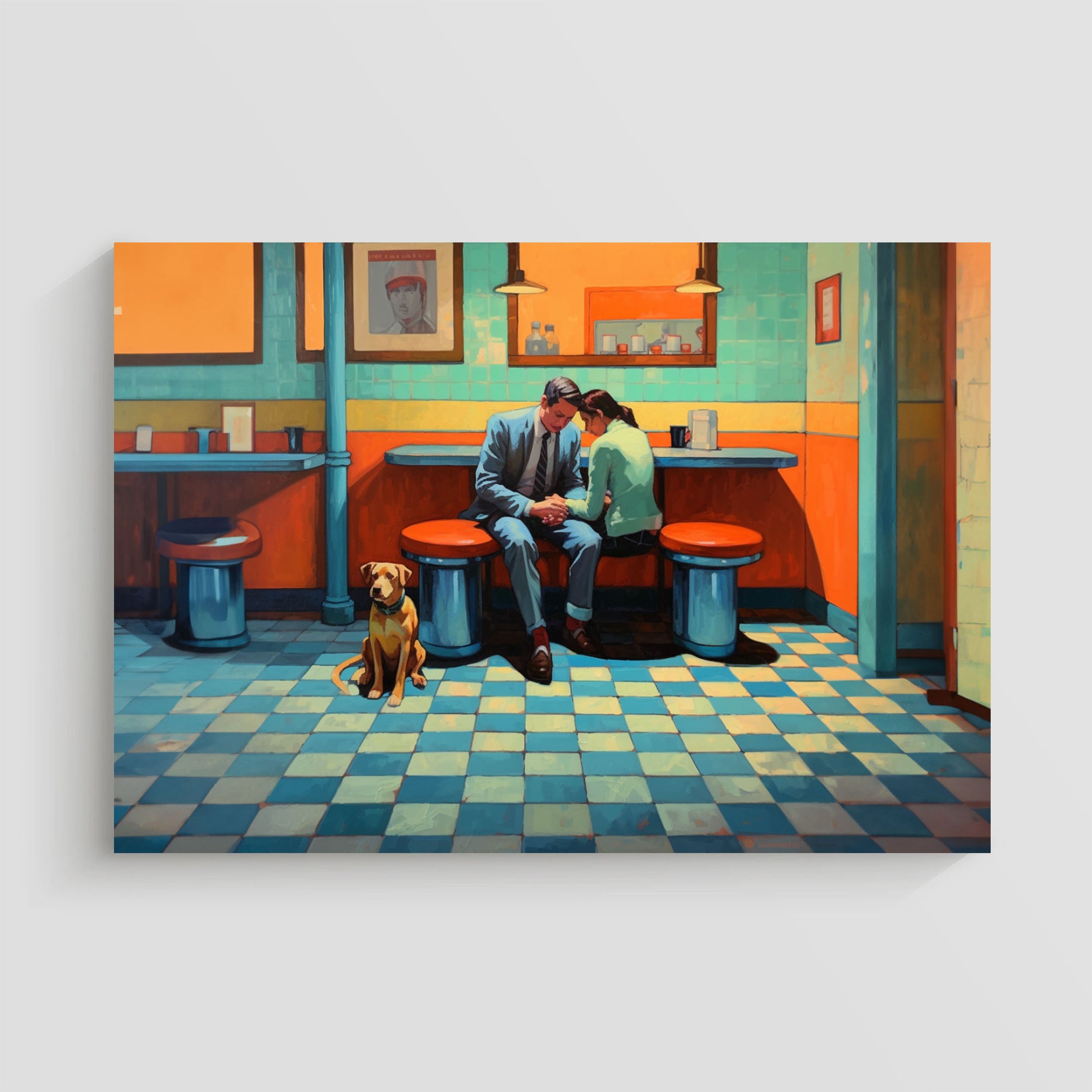 Ilustración de una pareja sentada en una cafetería de estilo vintage, con un hombre en traje gris y una mujer en suéter verde, sosteniendo las manos en un momento íntimo. Un perro marrón está sentado en el suelo junto a ellos. La escena está compuesta en tonos cálidos y fríos que evocan un ambiente nostálgico.