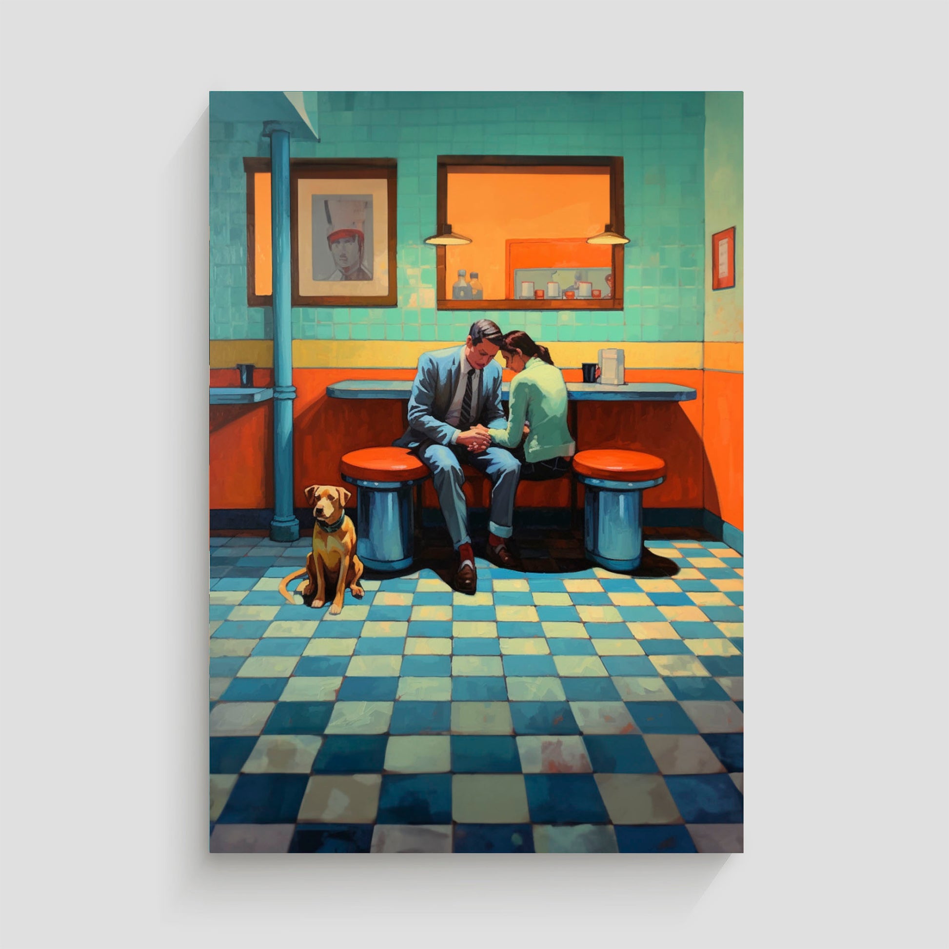 Ilustración de una pareja sentada en una cafetería de estilo vintage, con un hombre en traje gris y una mujer en suéter verde, sosteniendo las manos en un momento íntimo. Un perro marrón está sentado en el suelo junto a ellos. La escena está compuesta en tonos cálidos y fríos que evocan un ambiente nostálgico.