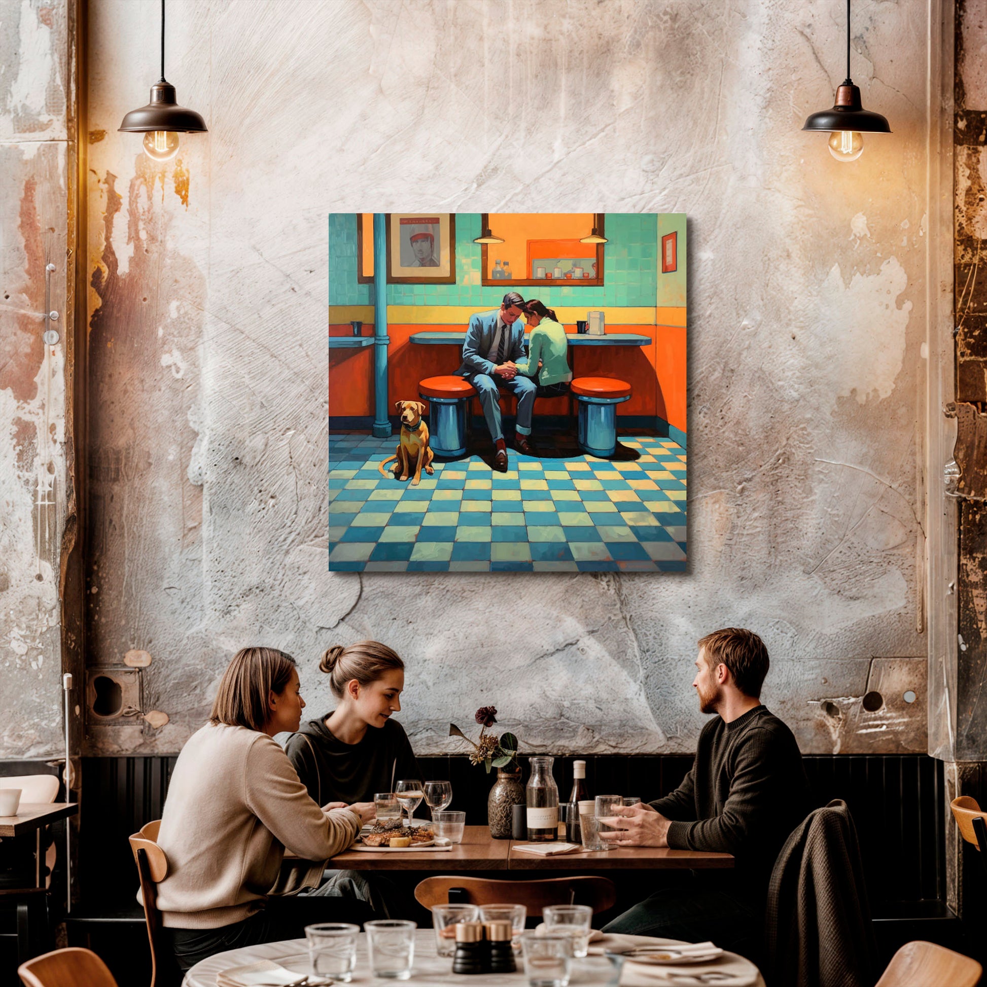 Ilustración de una pareja sentada en una cafetería de estilo vintage, con un hombre en traje gris y una mujer en suéter verde, sosteniendo las manos en un momento íntimo. Un perro marrón está sentado en el suelo junto a ellos. La escena está compuesta en tonos cálidos y fríos que evocan un ambiente nostálgico.