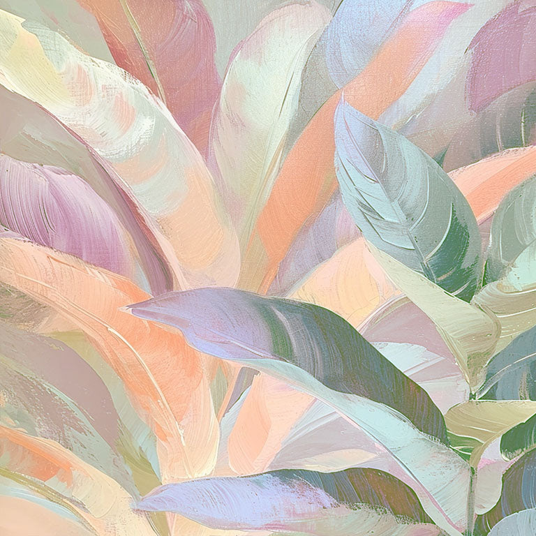 Imagen de arte abstracto mostrando hojas en tonos pastel, con una textura suave y colores sutiles, creando una sensación de calma y serenidad.