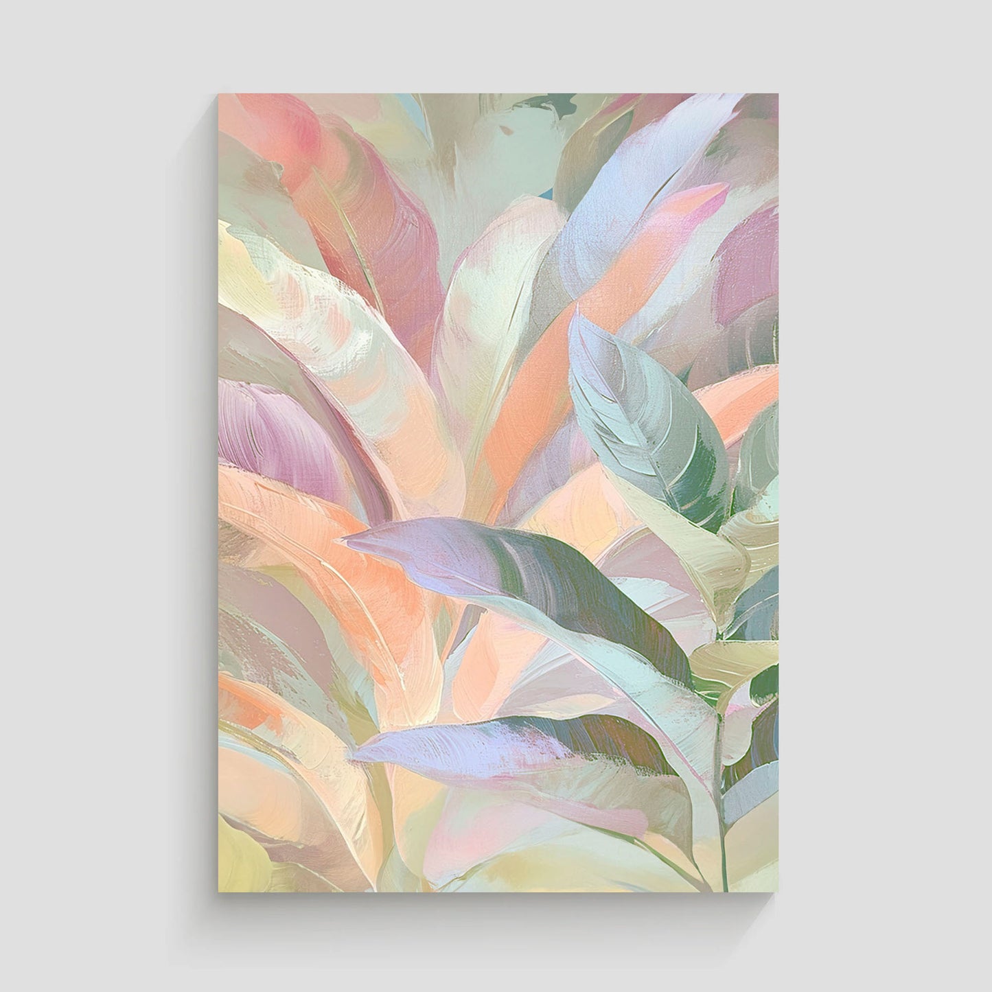 Imagen de arte abstracto mostrando hojas en tonos pastel, con una textura suave y colores sutiles, creando una sensación de calma y serenidad.