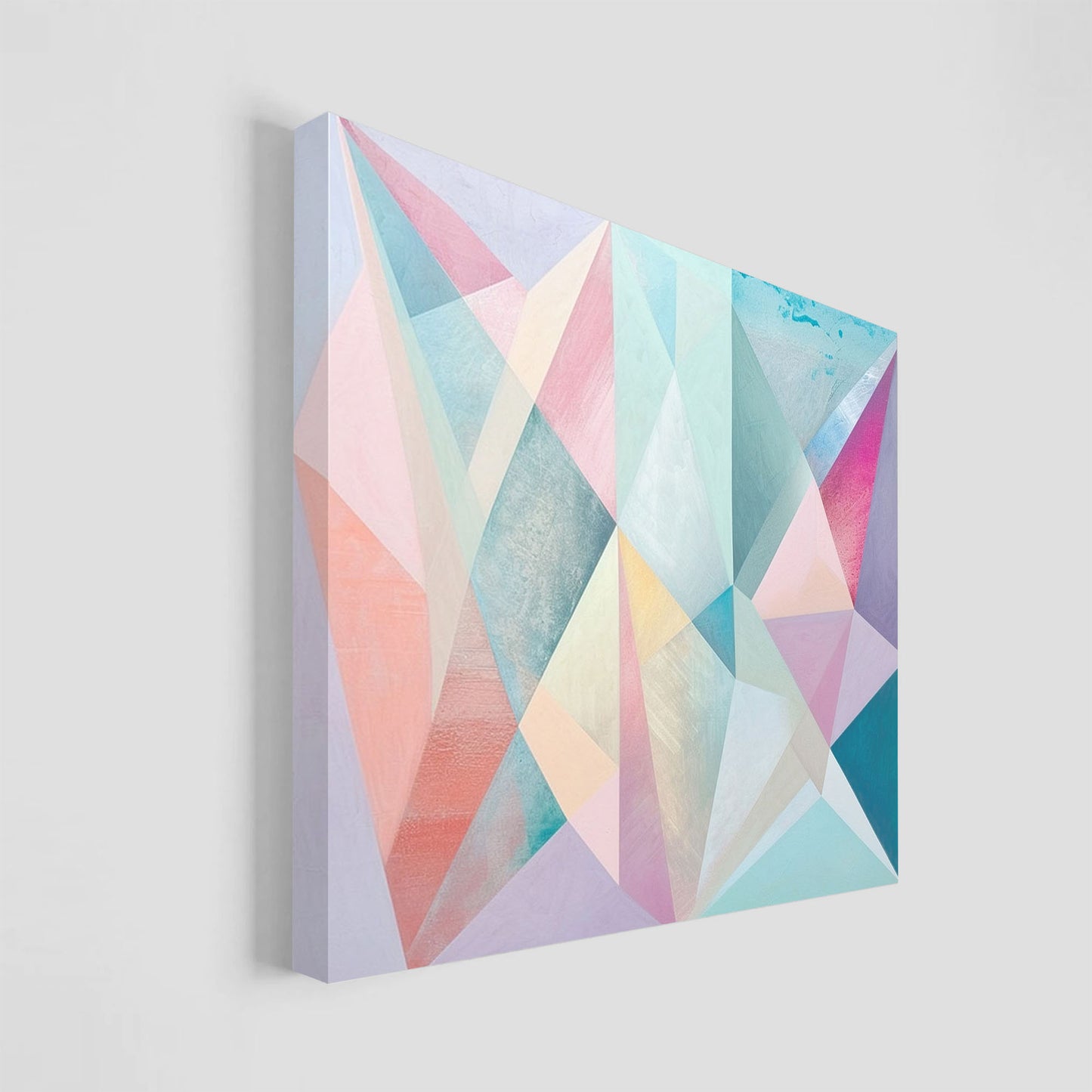 Imagen de arte abstracto con patrones geométricos y fractales en tonos pastel suaves, incluyendo rosa, azul y lila. Ideal para agregar un toque moderno y elegante a la decoración de interiores en hogares u oficinas.