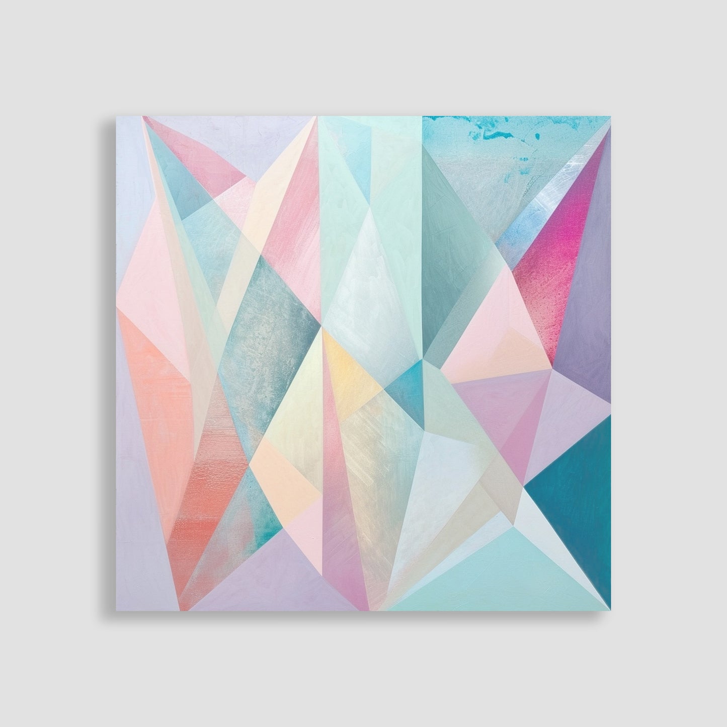 Imagen de arte abstracto con patrones geométricos y fractales en tonos pastel suaves, incluyendo rosa, azul y lila. Ideal para agregar un toque moderno y elegante a la decoración de interiores en hogares u oficinas.