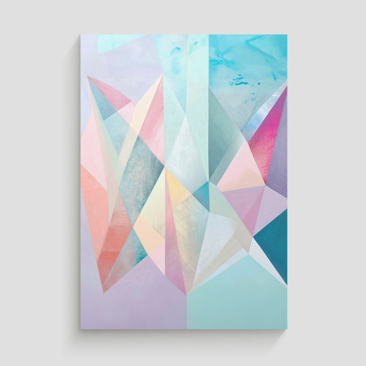 Imagen de arte abstracto con patrones geométricos y fractales en tonos pastel suaves, incluyendo rosa, azul y lila. Ideal para agregar un toque moderno y elegante a la decoración de interiores en hogares u oficinas.