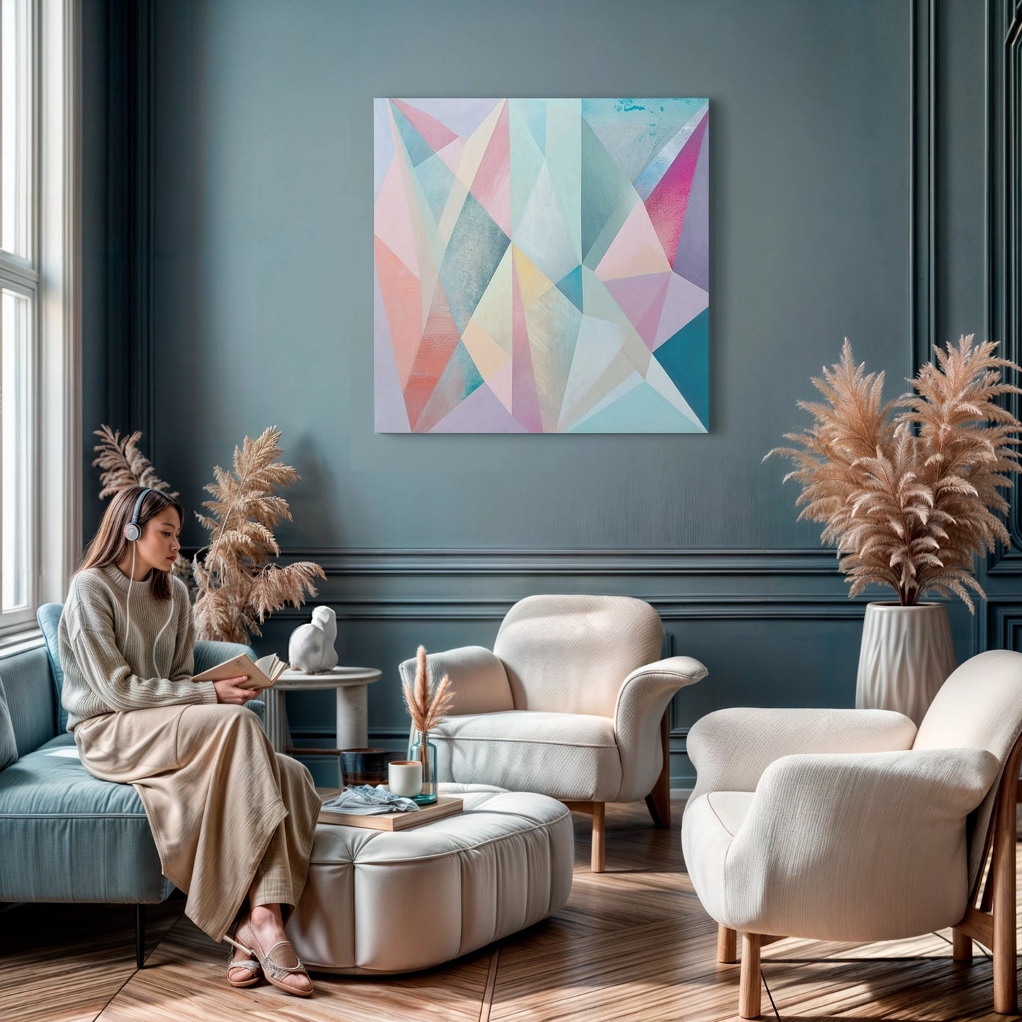 Imagen de arte abstracto con patrones geométricos y fractales en tonos pastel suaves, incluyendo rosa, azul y lila. Ideal para agregar un toque moderno y elegante a la decoración de interiores en hogares u oficinas.