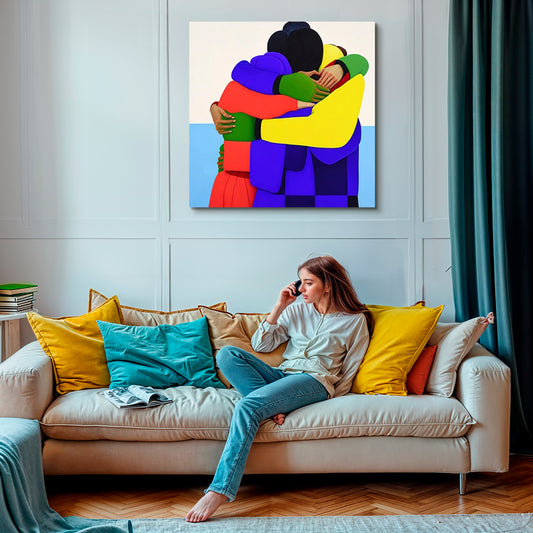 Imagen artística de un grupo de personas abrazándose, representadas con formas geométricas y colores vibrantes como amarillo, azul, verde y rojo. La obra transmite un mensaje de unión y esperanza, ideal para decoración moderna y contemporánea.